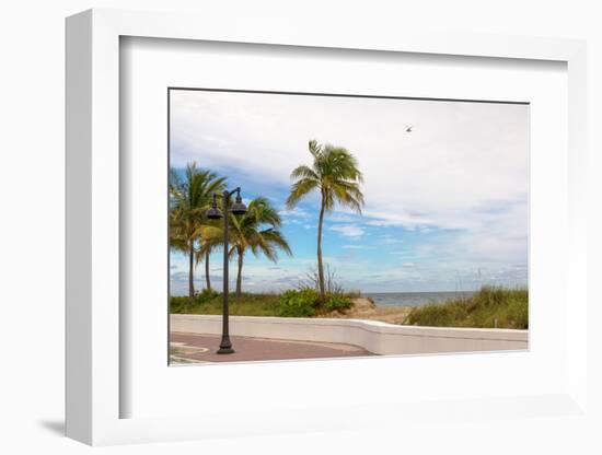 Beach with palm trees and a helicopter in air in Fort Lauderdale, Broward County, Florida, USA-null-Framed Photographic Print