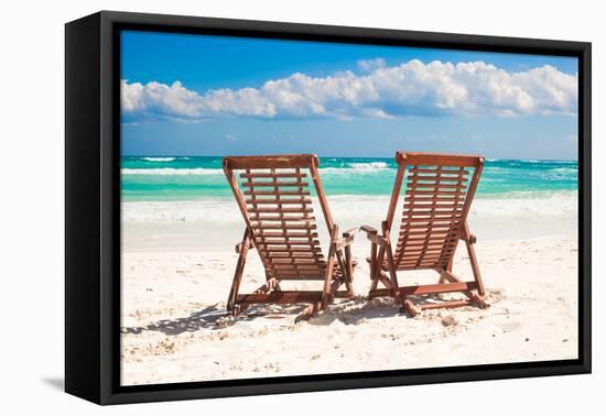 Beach Wooden Chairs for Vacations and Relax on Tropical White Sand Beach in Tulum, Mexico-TravnikovStudio-Framed Premier Image Canvas