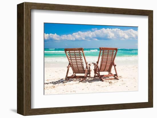 Beach Wooden Chairs for Vacations and Relax on Tropical White Sand Beach in Tulum, Mexico-TravnikovStudio-Framed Photographic Print