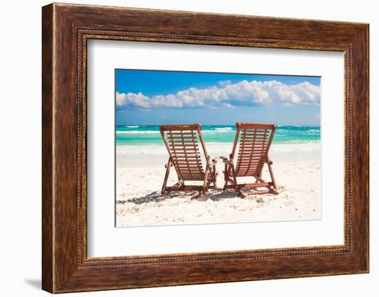 Beach Wooden Chairs for Vacations and Relax on Tropical White Sand Beach in Tulum, Mexico-TravnikovStudio-Framed Photographic Print