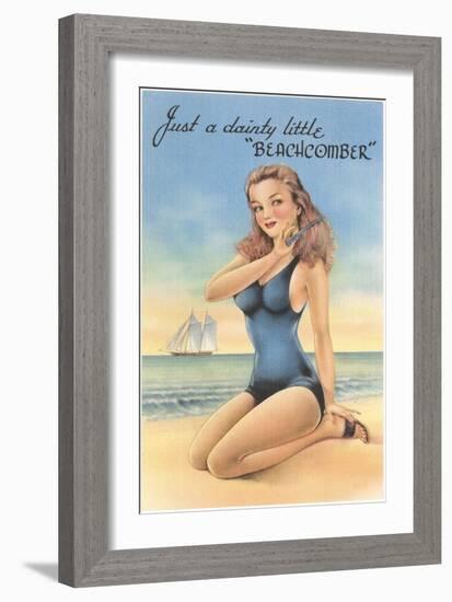 Beachcomber, Girl in Black One-Piece-null-Framed Art Print