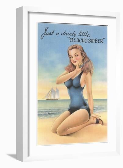 Beachcomber, Girl in Black One-Piece-null-Framed Art Print