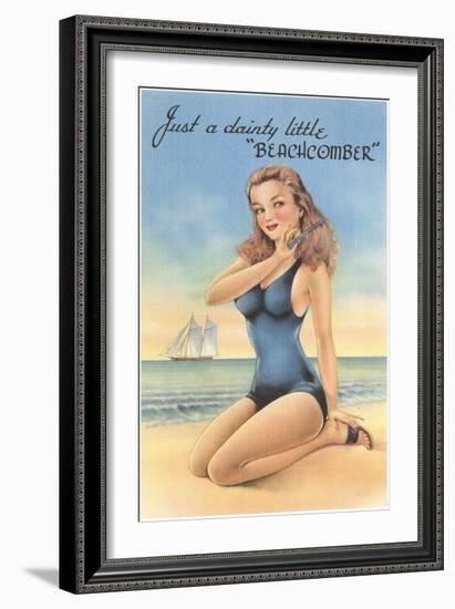 Beachcomber, Girl in Black One-Piece-null-Framed Art Print