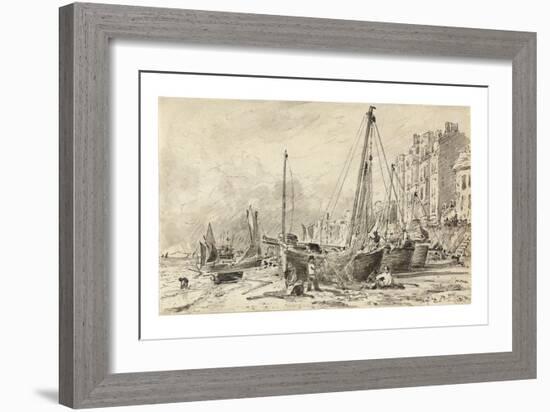 Beached Fishing Boats with Fishermen Mending Nets on the Beach at Brighton, Looking West, C.1824-28-John Constable-Framed Giclee Print