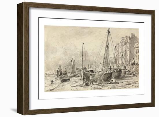 Beached Fishing Boats with Fishermen Mending Nets on the Beach at Brighton, Looking West, C.1824-28-John Constable-Framed Giclee Print