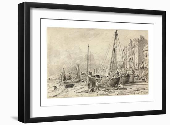 Beached Fishing Boats with Fishermen Mending Nets on the Beach at Brighton, Looking West, C.1824-28-John Constable-Framed Giclee Print