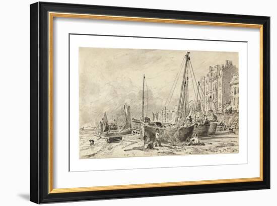 Beached Fishing Boats with Fishermen Mending Nets on the Beach at Brighton, Looking West, C.1824-28-John Constable-Framed Giclee Print