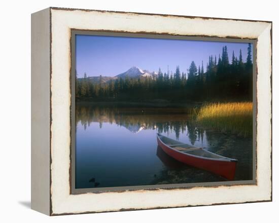 Beached Red Canoe, Sparks Lake, Central Oregon Cascades-Janis Miglavs-Framed Premier Image Canvas