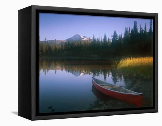 Beached Red Canoe, Sparks Lake, Central Oregon Cascades-Janis Miglavs-Framed Premier Image Canvas