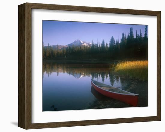 Beached Red Canoe, Sparks Lake, Central Oregon Cascades-Janis Miglavs-Framed Photographic Print