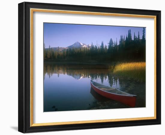 Beached Red Canoe, Sparks Lake, Central Oregon Cascades-Janis Miglavs-Framed Photographic Print