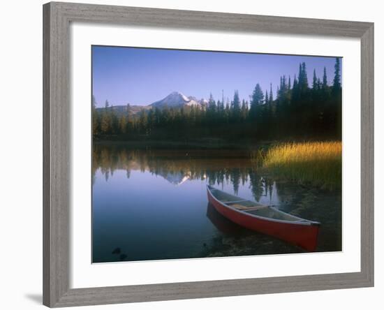 Beached Red Canoe, Sparks Lake, Central Oregon Cascades-Janis Miglavs-Framed Photographic Print