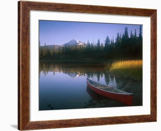 Beached Red Canoe, Sparks Lake, Central Oregon Cascades-Janis Miglavs-Framed Photographic Print