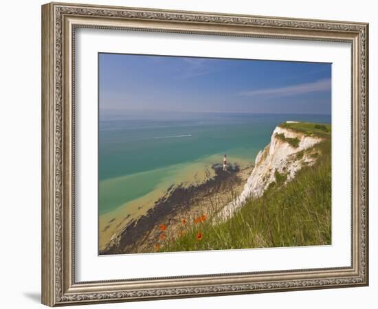 Beachy Head Lighthouse, White Chalk Cliffs, Poppies and English Channel, East Sussex, England, Uk-Neale Clarke-Framed Photographic Print