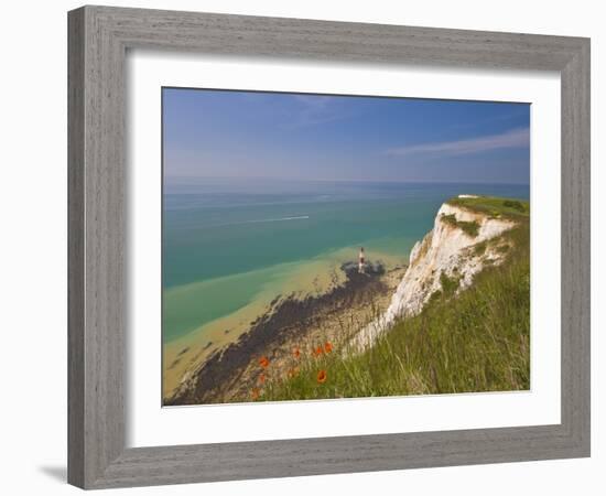 Beachy Head Lighthouse, White Chalk Cliffs, Poppies and English Channel, East Sussex, England, Uk-Neale Clarke-Framed Photographic Print