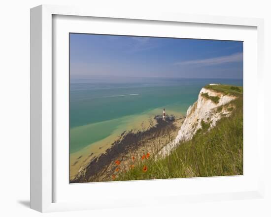 Beachy Head Lighthouse, White Chalk Cliffs, Poppies and English Channel, East Sussex, England, Uk-Neale Clarke-Framed Photographic Print