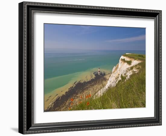 Beachy Head Lighthouse, White Chalk Cliffs, Poppies and English Channel, East Sussex, England, Uk-Neale Clarke-Framed Photographic Print