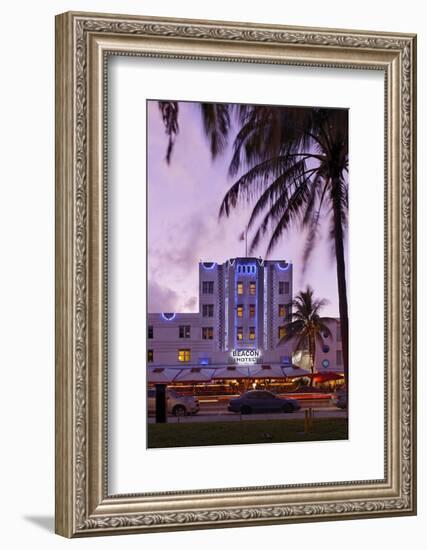 Beacon Hotel, Facade, Ocean Drive at Dusk, Miami South Beach, Art Deco District, Florida, Usa-Axel Schmies-Framed Photographic Print