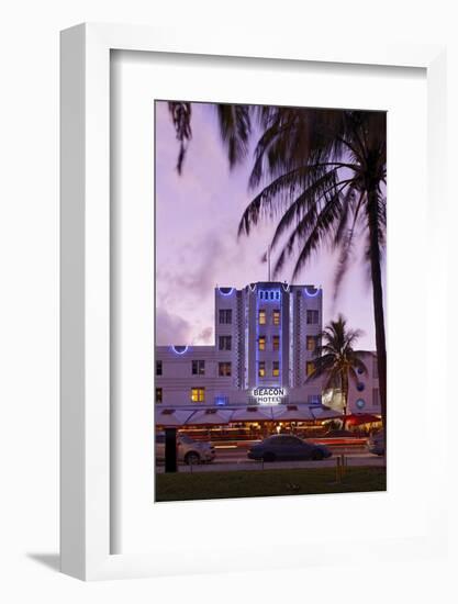 Beacon Hotel, Facade, Ocean Drive at Dusk, Miami South Beach, Art Deco District, Florida, Usa-Axel Schmies-Framed Photographic Print