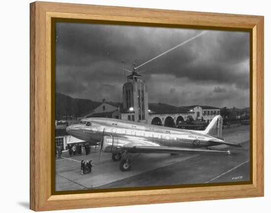 Beacon Shining Forth at Evening from Air Terminal Tower, American Airlines Plane in Foreground-null-Framed Premier Image Canvas