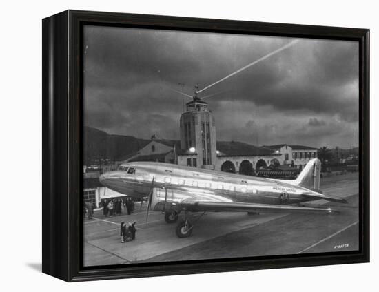 Beacon Shining Forth at Evening from Air Terminal Tower, American Airlines Plane in Foreground-null-Framed Premier Image Canvas