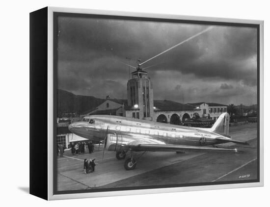 Beacon Shining Forth at Evening from Air Terminal Tower, American Airlines Plane in Foreground-null-Framed Premier Image Canvas