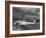 Beacon Shining Forth at Evening from Air Terminal Tower, American Airlines Plane in Foreground-null-Framed Premium Photographic Print