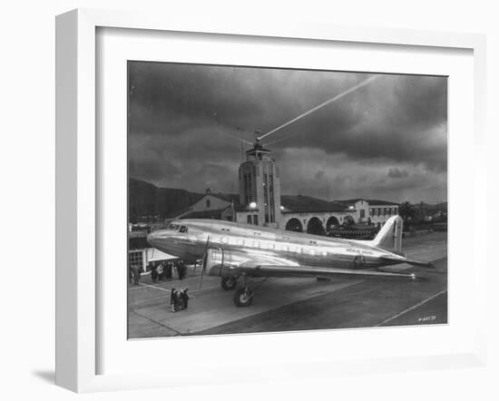 Beacon Shining Forth at Evening from Air Terminal Tower, American Airlines Plane in Foreground-null-Framed Premium Photographic Print