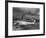 Beacon Shining Forth at Evening from Air Terminal Tower, American Airlines Plane in Foreground-null-Framed Photographic Print