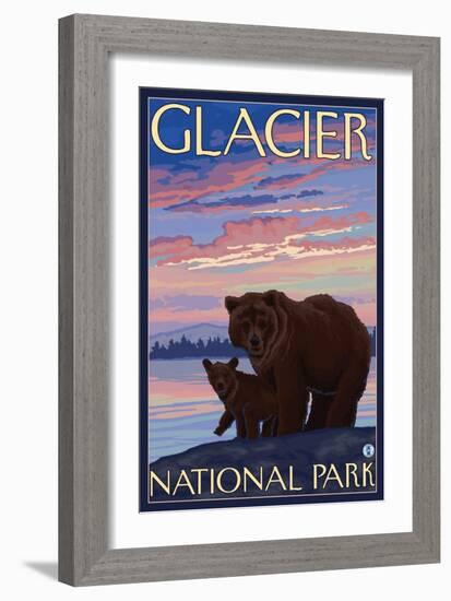 Bear and Cub, Glacier National Park, Montana-Lantern Press-Framed Art Print