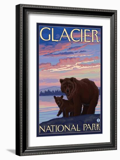 Bear and Cub, Glacier National Park, Montana-Lantern Press-Framed Art Print