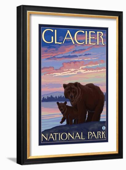 Bear and Cub, Glacier National Park, Montana-Lantern Press-Framed Art Print