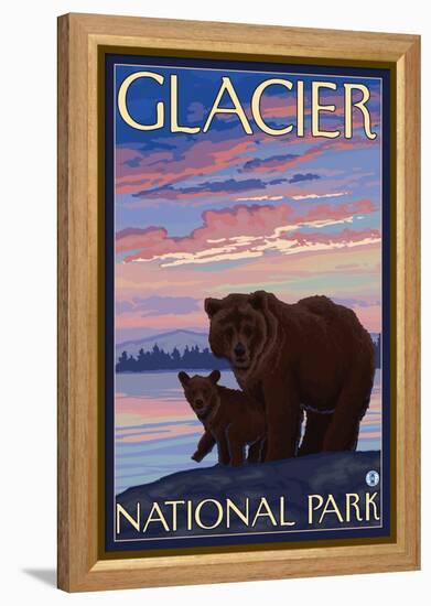 Bear and Cub, Glacier National Park, Montana-Lantern Press-Framed Stretched Canvas