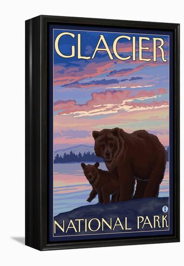 Bear and Cub, Glacier National Park, Montana-Lantern Press-Framed Stretched Canvas