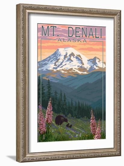 Bear and Cubs Spring Flowers - Mount Denali, Alaska-Lantern Press-Framed Art Print