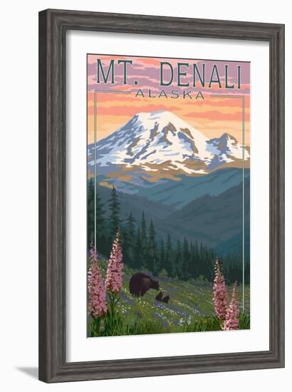 Bear and Cubs Spring Flowers - Mount Denali, Alaska-Lantern Press-Framed Art Print