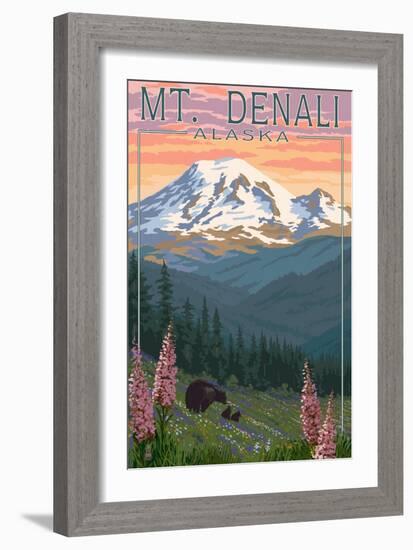 Bear and Cubs Spring Flowers - Mount Denali, Alaska-Lantern Press-Framed Art Print