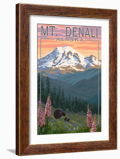 Bear and Cubs Spring Flowers - Mount Denali, Alaska-Lantern Press-Framed Art Print