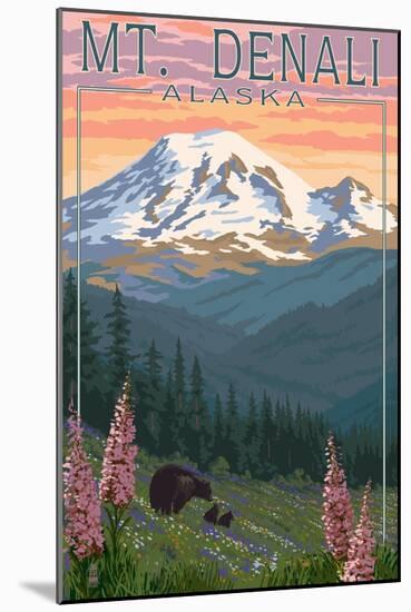 Bear and Cubs Spring Flowers - Mount Denali, Alaska-Lantern Press-Mounted Art Print