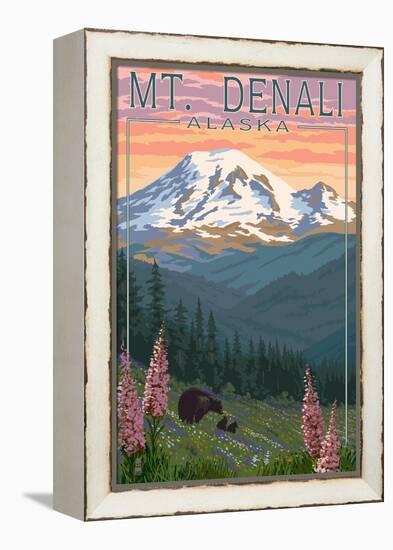 Bear and Cubs Spring Flowers - Mount Denali, Alaska-Lantern Press-Framed Stretched Canvas