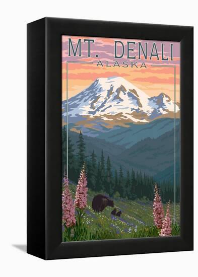 Bear and Cubs Spring Flowers - Mount Denali, Alaska-Lantern Press-Framed Stretched Canvas