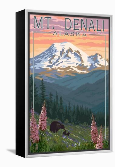 Bear and Cubs Spring Flowers - Mount Denali, Alaska-Lantern Press-Framed Stretched Canvas