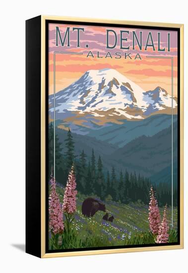 Bear and Cubs Spring Flowers - Mount Denali, Alaska-Lantern Press-Framed Stretched Canvas