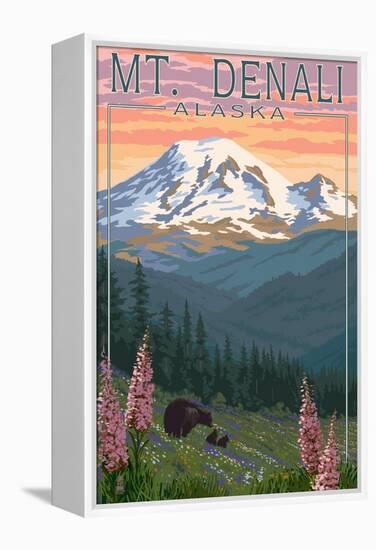 Bear and Cubs Spring Flowers - Mount Denali, Alaska-Lantern Press-Framed Stretched Canvas