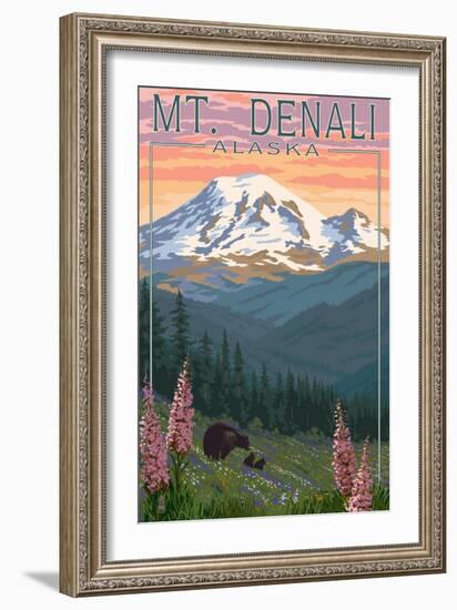 Bear and Cubs Spring Flowers - Mount Denali, Alaska-Lantern Press-Framed Premium Giclee Print