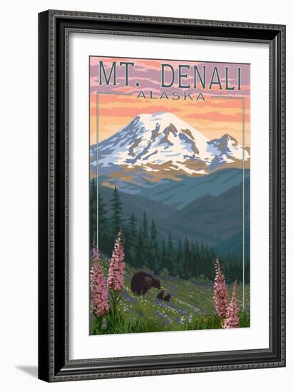 Bear and Cubs Spring Flowers - Mount Denali, Alaska-Lantern Press-Framed Premium Giclee Print