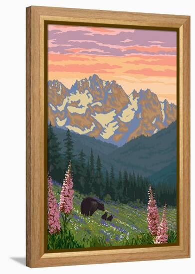 Bear and Spring Flowers-Lantern Press-Framed Stretched Canvas
