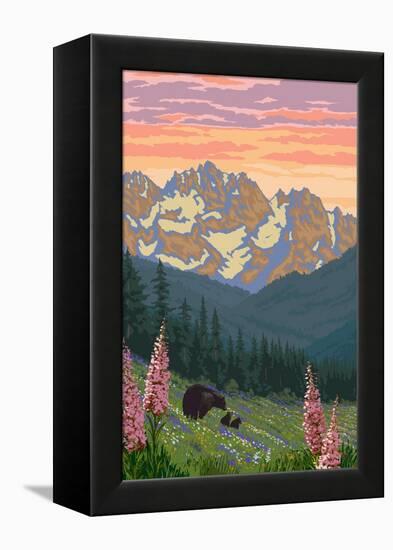 Bear and Spring Flowers-Lantern Press-Framed Stretched Canvas