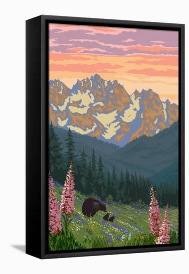 Bear and Spring Flowers-Lantern Press-Framed Stretched Canvas