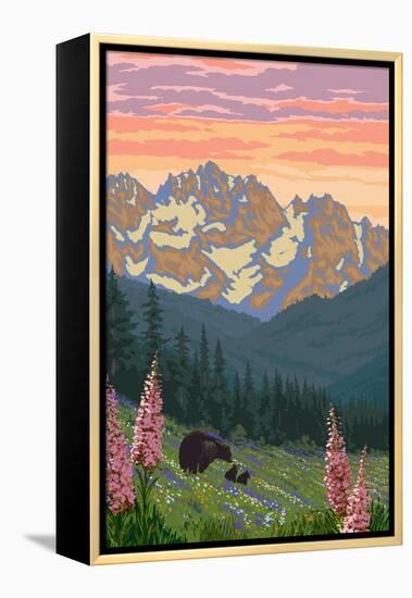 Bear and Spring Flowers-Lantern Press-Framed Stretched Canvas